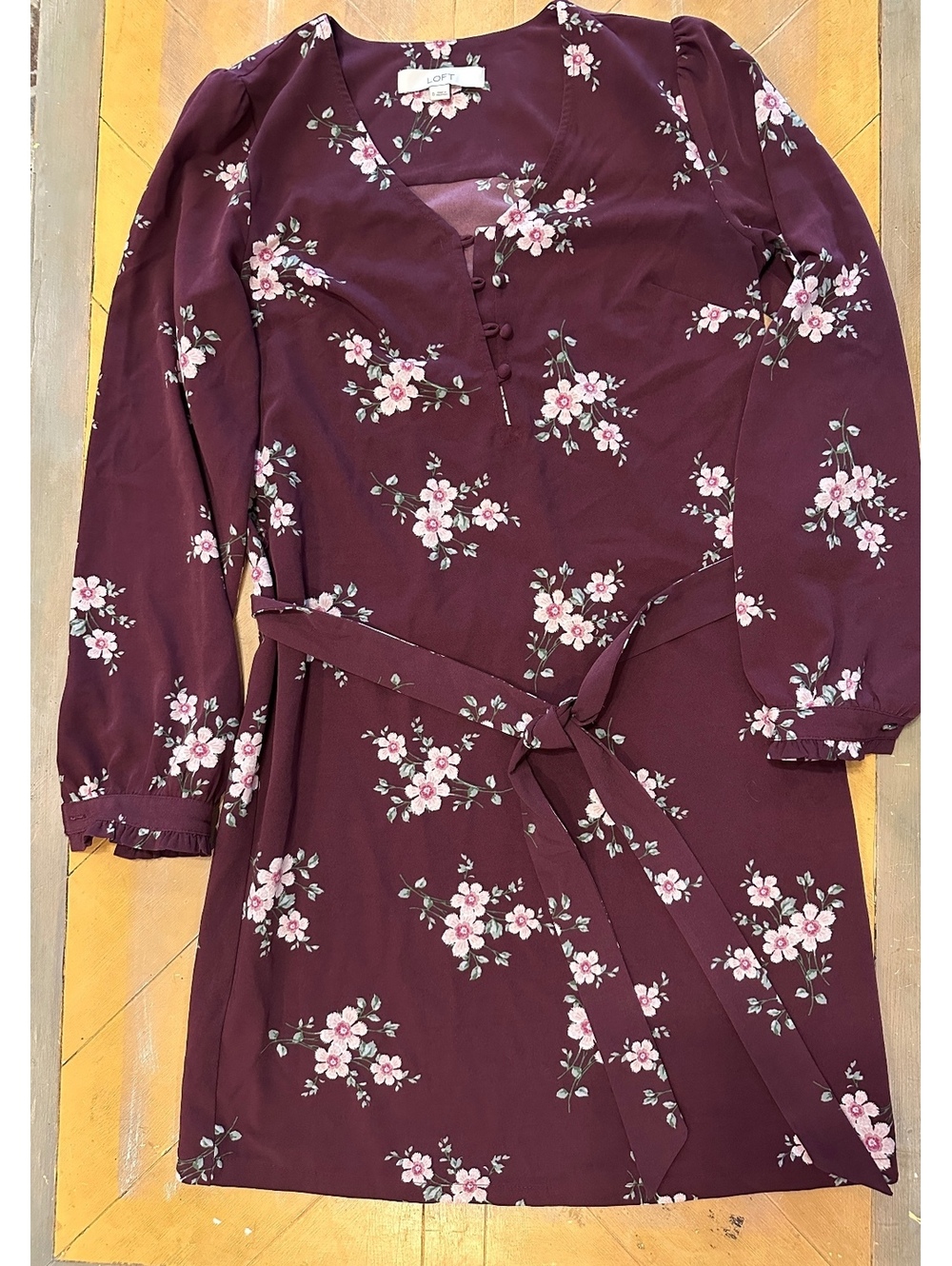 LOFT Women’s Size 0 Burgundy Floral Long Sleeve Tie Waist Dress NWOT